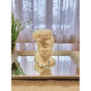 Vintage Head Vase Lady Planter, Glamor Girl Design No 2, White Pink BLue, 1950's